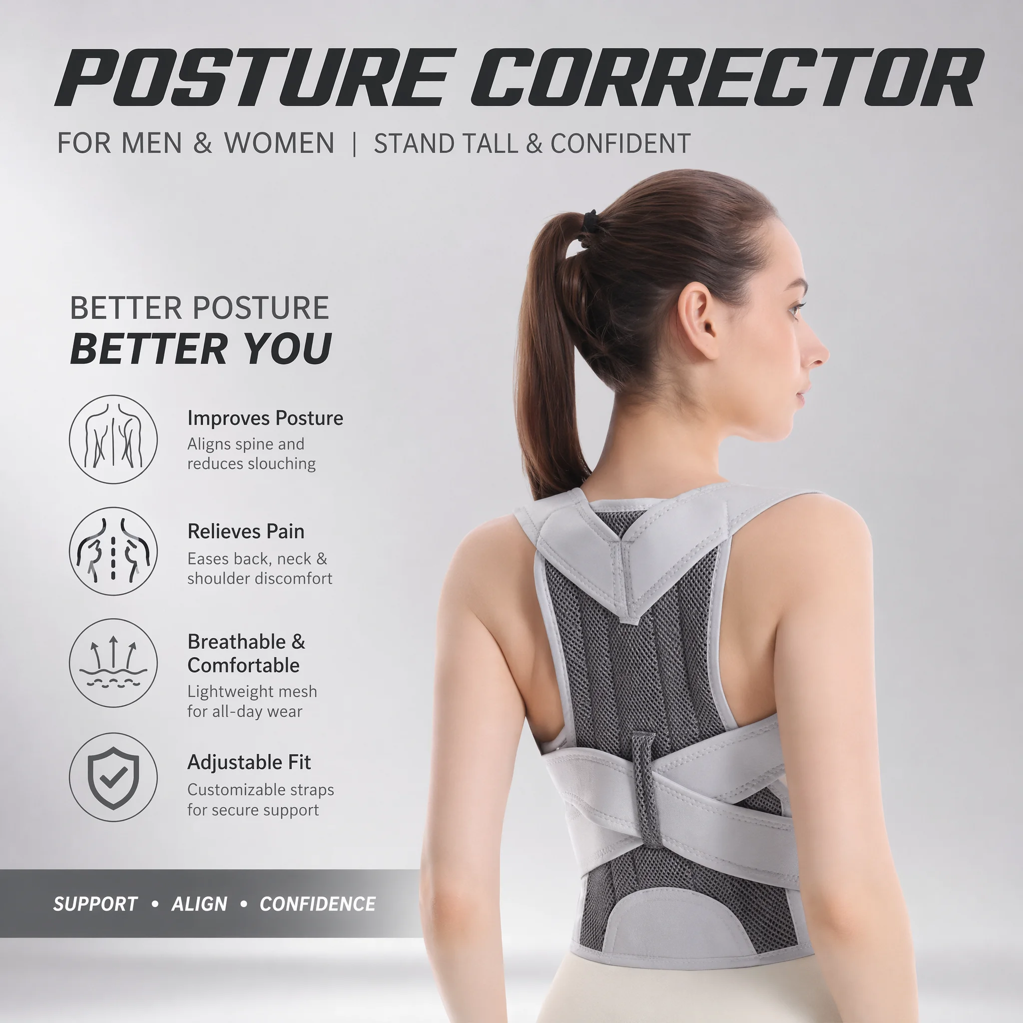 Posture Corrector Back - สายรัดพยุงหลังแบบใหม่ สำหรับแก้ไขหลังค่อม สายรัดหลังส่วนบน สายรัดไหล่ ปรับท่าทาง แก้ไขกระดูกสันหลังคด